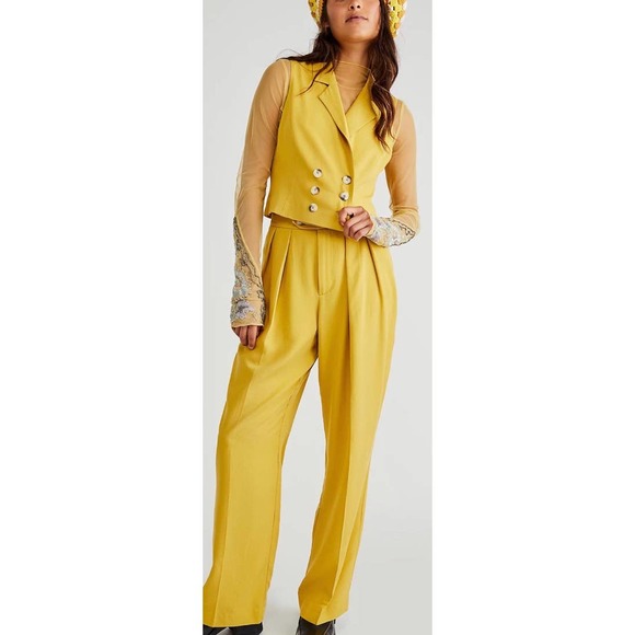 NWT FREE PEOPLE Sz 6 GABBIE VEST SUIT SET 4 PIECE VEST & TROUSER SET IN mustard - Picture 2 of 14